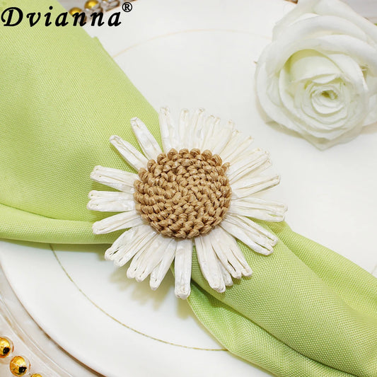 8PCS Sunflower Napkin Ring Raffia Handmade Daisy Flower Napkin Holder for Valentine Wedding Thanksgiving Party Table Decor HWF77
