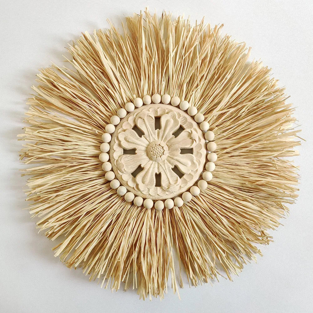 INS Boho Handmade Woven Straw Wall Decor Moroccan Wood Beads Wall Hanging Ornament Round Nordic Home Decoration for Living Room