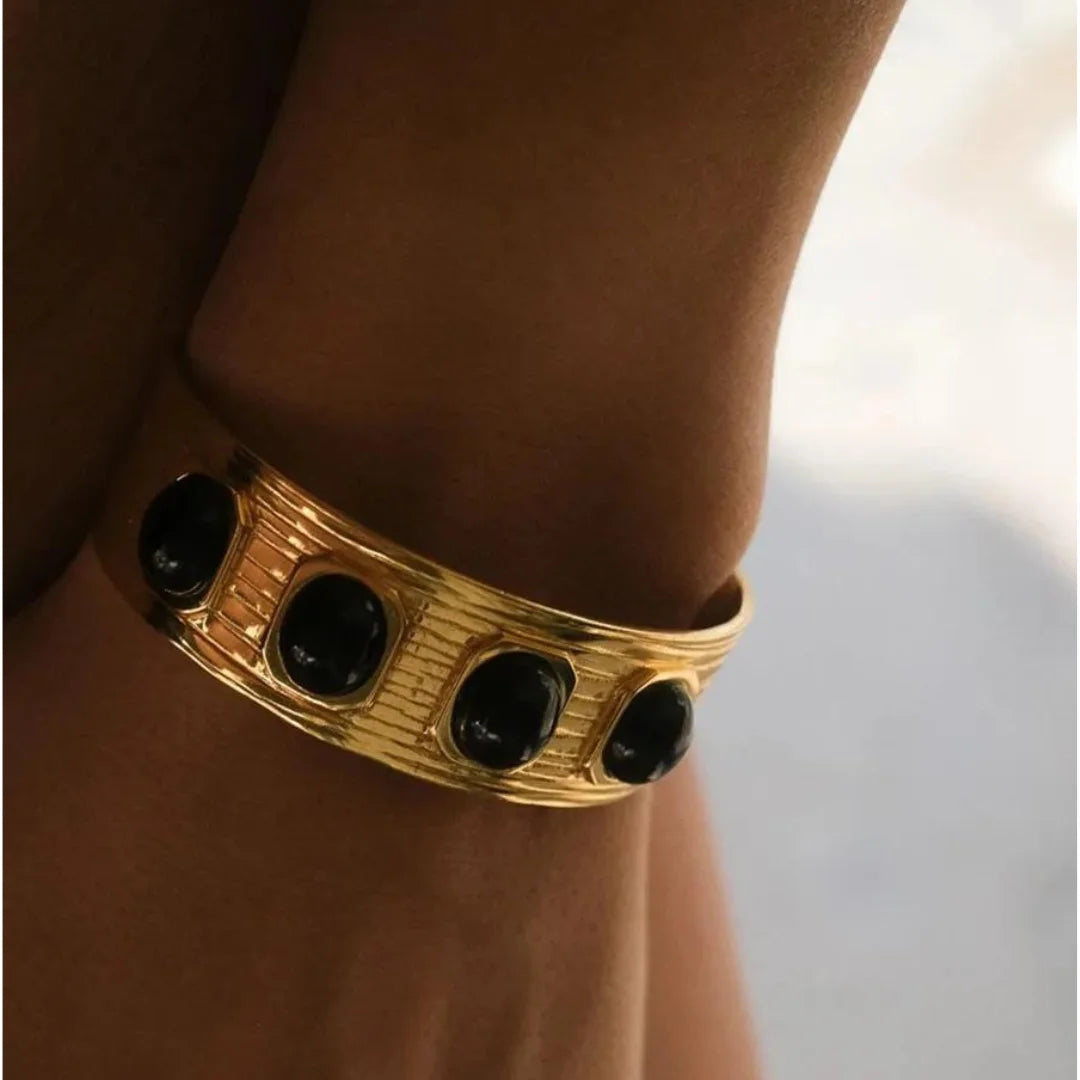 Hemasa  Wide Stripe Four Black Onyx Stones Inlaid Opening Bangle Bracelet