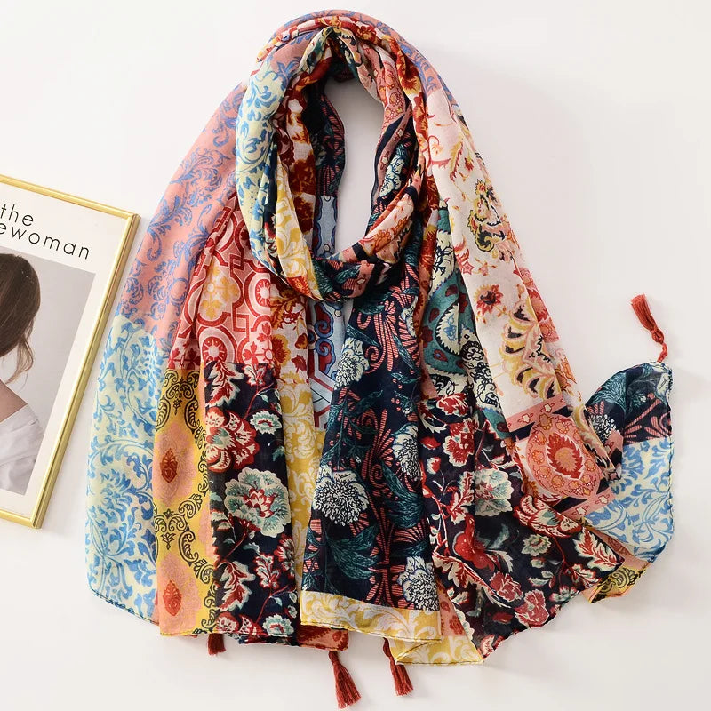 Elegant Woman Shawl Fashion Design Tassel Cotton Scarf Muslim Hijab Scarfs Floral Print Ladies Scarves For Beach Party Bandana