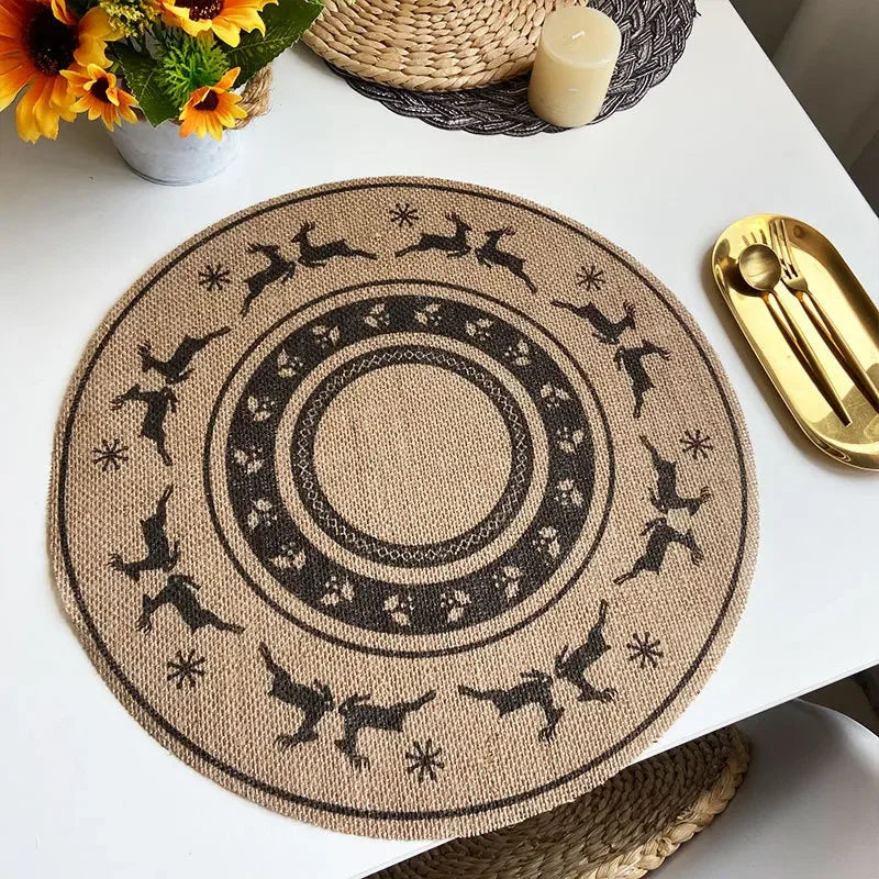 Christmas Retro Jute Placemat Round Printed Woven Dining Table Mat with Wool Ball Heat-Resistant Home Decorative Coffee Cup Mats