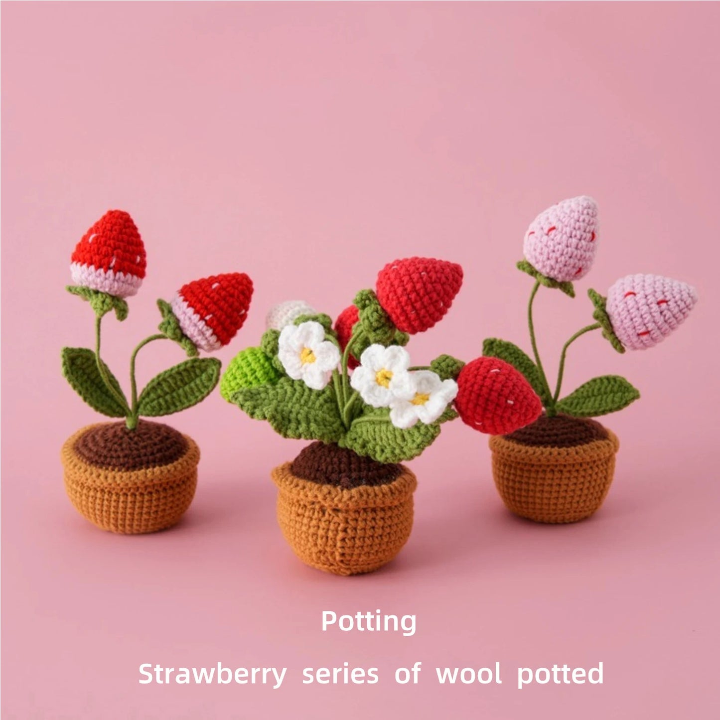 Hemasa Strawberry Crochet Potting Cute Kintted Flowers /Handwoven Flowers for Table Car Bookshelf Home Decor Gift Crochet Strawberry