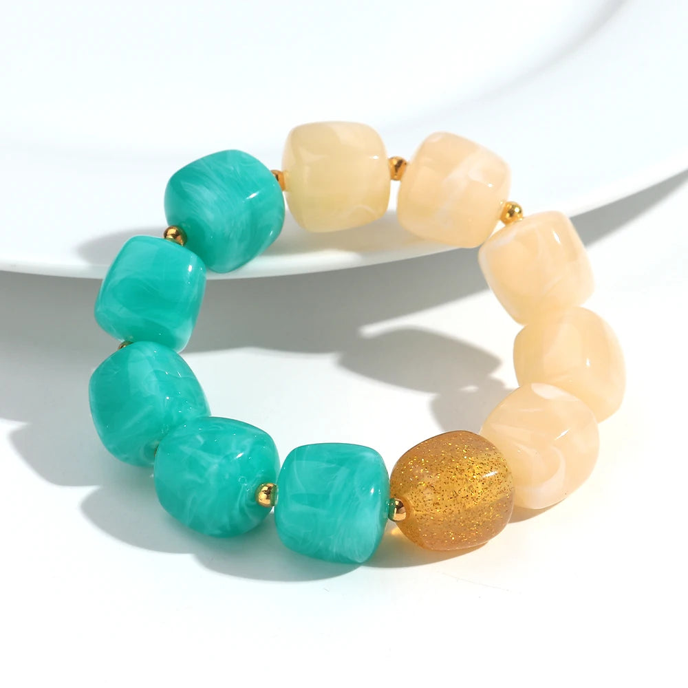 New Multicolor Acrylic Geometric Bead Bracelet for Women Trendy Resin Irregular Square Elastic Bracelets Handmade Jewelry Gift