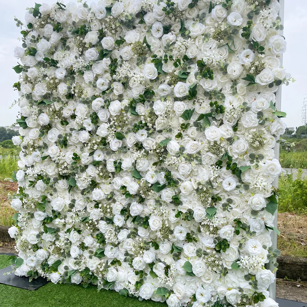 Rose Hydrangea Green Leaf Artificial Flowers Wall Cloth White Roll Up Curtain Hang Floral Wedding Event Backdrop Decor Props