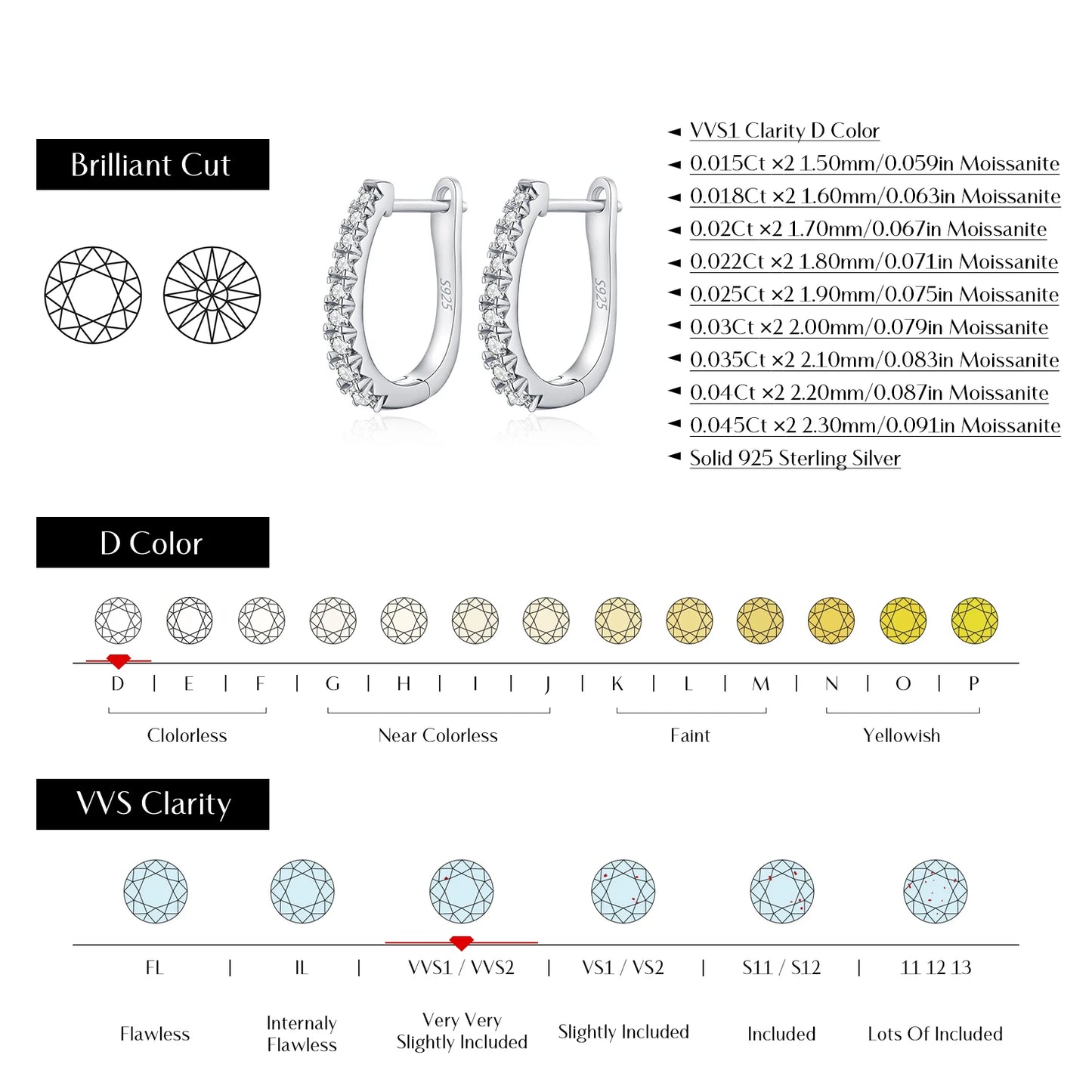 MODIAN D Color Moissanite U Shape Hoop Earrings 925 Sterling Silver Exquisite Elegant Ear Buckle For Women Daily Fine Jewelry