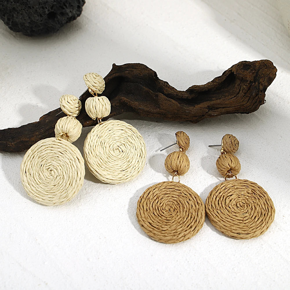Hemasa  Rattan Knit Round Ball Drop Earrings For Women