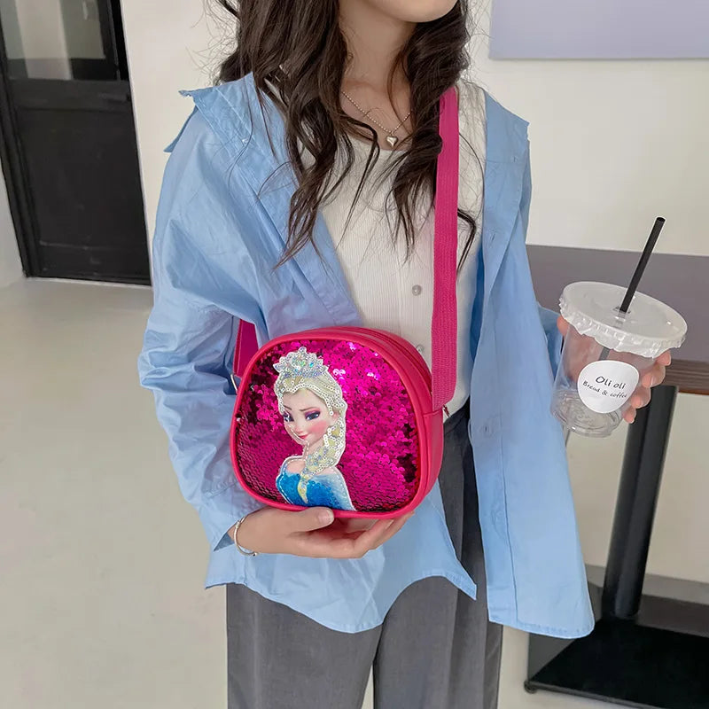 Tejesa Children's Bag Girls Bag Disney Princess Elsa Sequins Personality Children's Casual One Shoulder Bag Messenger Bag