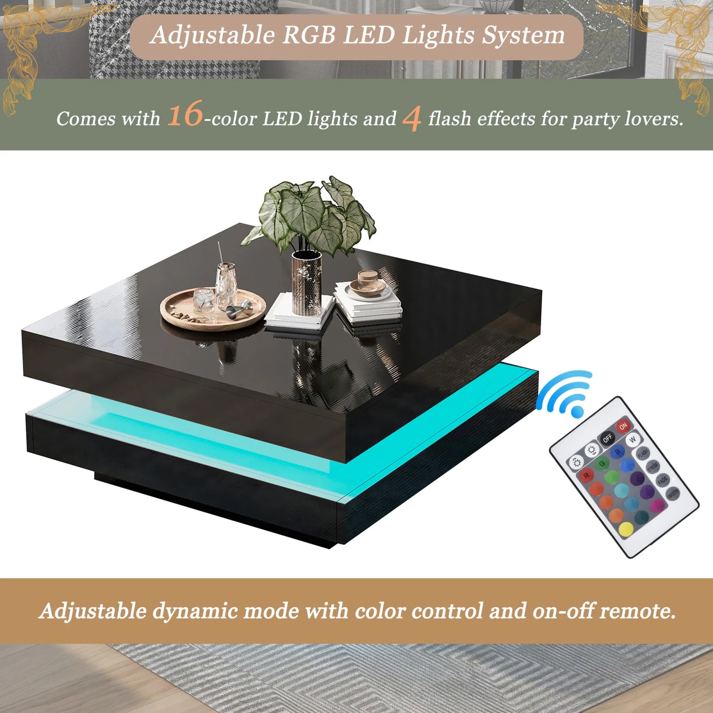 Square High Gloss Coffee Table with 360° Rotating Top,Tea Table with 16-Color LED Light,Centre Table Home Furniture 70x70x36 cm