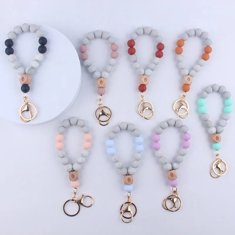 Hemasa  8Color Silicone Wooden Beaded Keychain Women Bracelet Pendant Keyring For Alloy Ring Key Chain