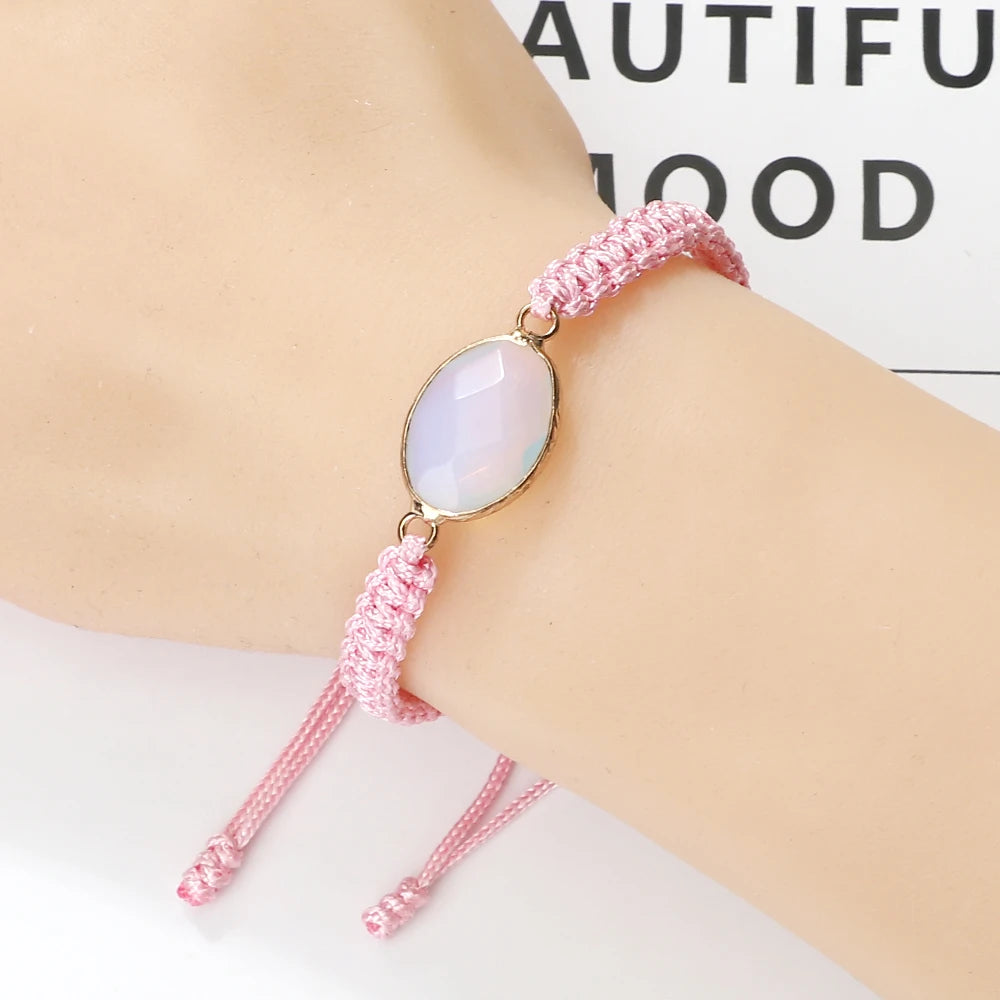 Pink Color Thread Chain Handmade Bracelets For Women Pink Crystal Oval Pendant Natural Stone Bracelets Femme New Fashion Jewelry