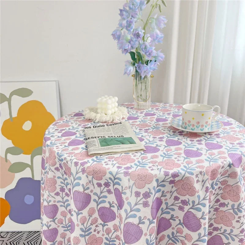 Korean Style Round Lattice Flower Tablecloth Floral Table Cloth for Dining Table Tea Coffee Table Cover Picnic Kitchen Decor