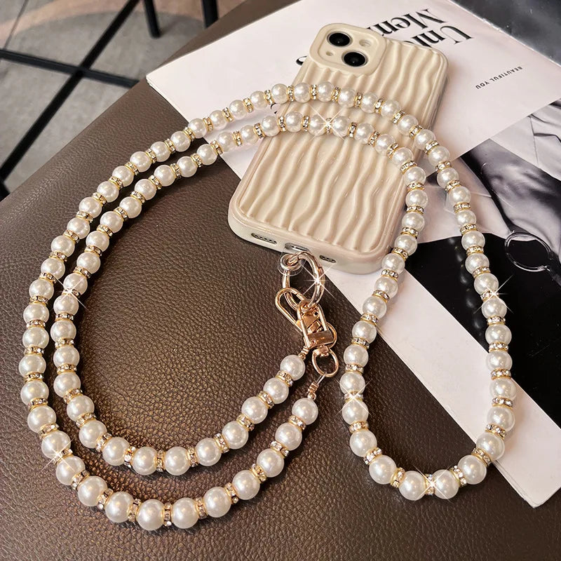 Long Pearl Phone Lanyard Handmade Bead Chain Single Shoulder Diagonal Cross Anti Drop Strap With Rhinestones For All Phone Cases