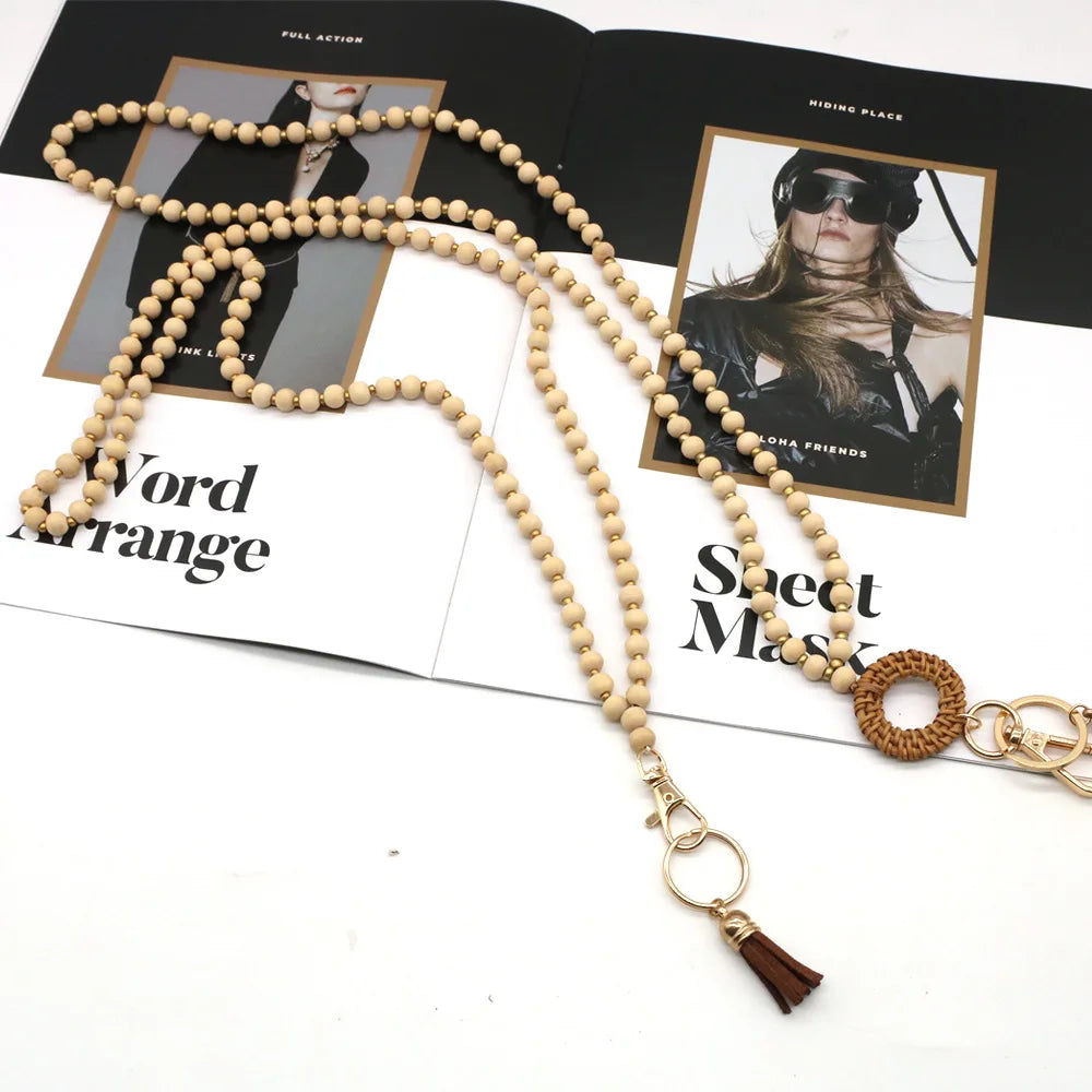 Rattan Wood Bead Lanyard Keychain Work ID Badge Necklace Boho Strap Nurse Teacher Gift Beaded Lanyard Charm Breakaway Clasp
