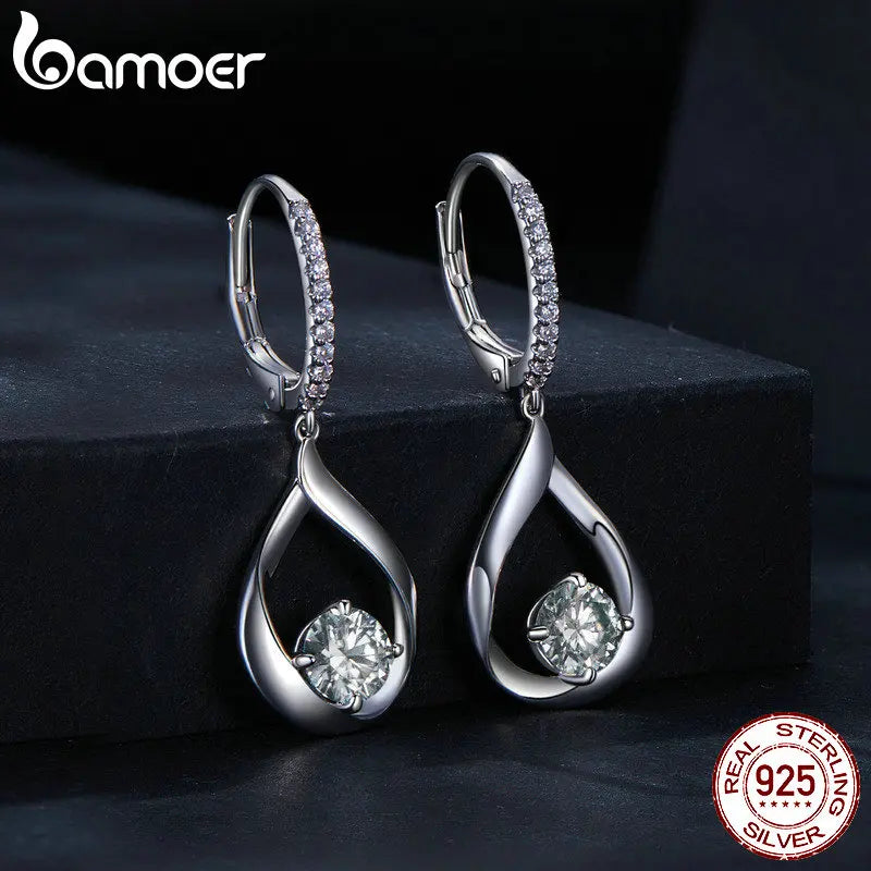 Bamoer 1 CTTW Moissanite Waterdrop Ear Buckles 925 Sterling Silver Hoop Earrings for Women Fine Jewelry Gift