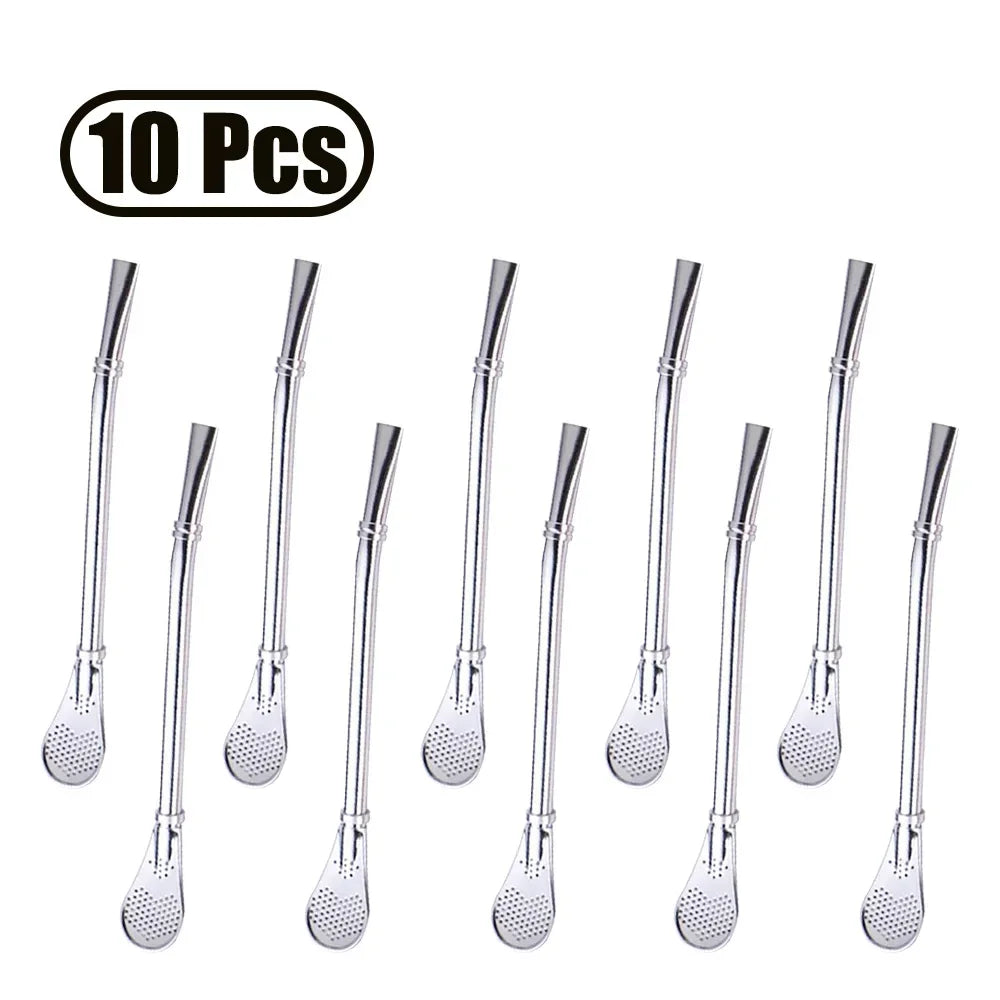 1-10Pcs 304 Stainless Steel Drinking Straw Spoon Tea Filter Reusable Bombilla Gourd Cocktail Straw Spoon Coffee Bar Accessory