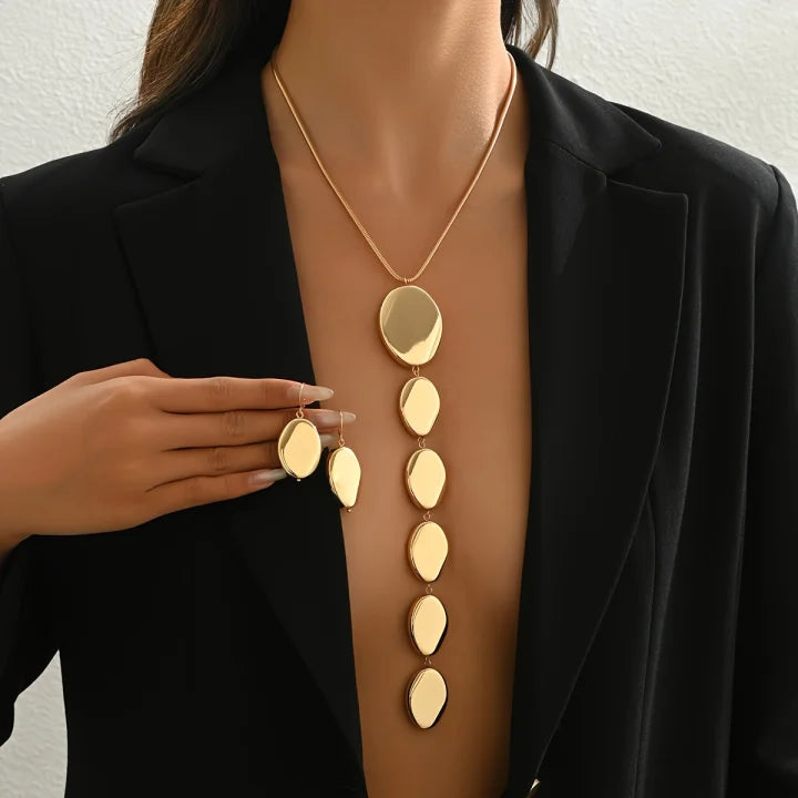 2-Piece Set Fashion Minimalist Earrings Necklace Jewelry Set Smooth Pendant Long Y-Shape Metal Style Jewelry Set