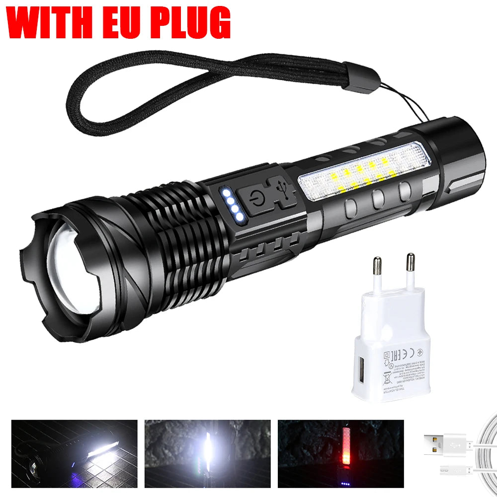 Super Bright LED COB Flashlight USB Rechargeable Torch with 7 Lighting Modes Telescopic Zoom Lantern for Outdoor Camping Hiking