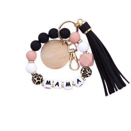 Hemasa Mother's Day Gift Leopard Silicone Bead Key Chain Letter MAMA Beaded Wristlet Keychain With Wood Disc Leather Tassel Key Ring