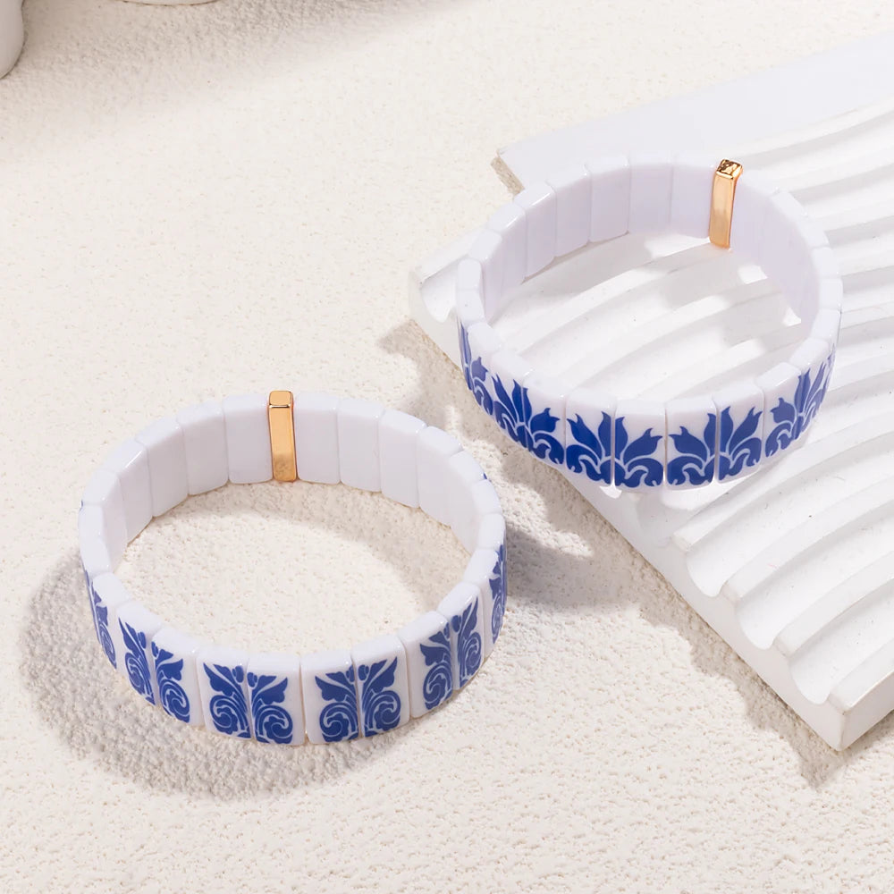 8x16mm Plastc Chinese Blue and White Porcelain Texture Beaded Bracelets For Women Handmade Spring Hand Accessory