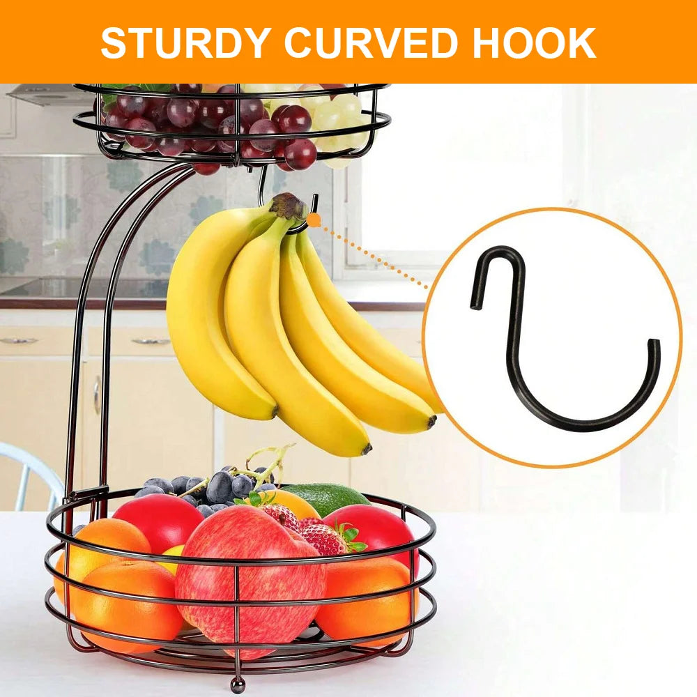 2-Tier Fruit & Veggie Basket Durable Storage Stand for Dining Tables with Hanger Option