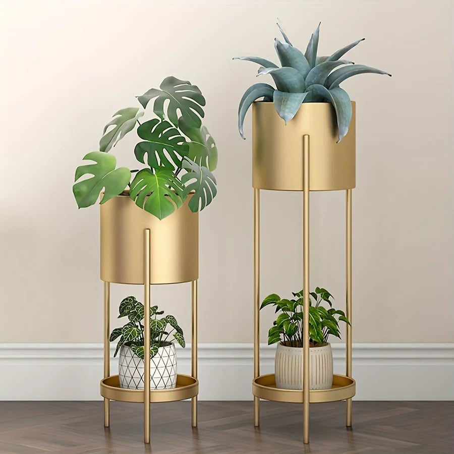 Modern Golden Double-Layer Flower Stand, Nordic Style Iron Plant Holder for Indoor & Balcony Decor, Round Metal Shelf for Small