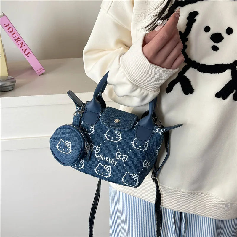 Cute Sanrio Hello Kitty Bag Denim Handbag Cartoon Printed Crossbody Bag Cosmetic Shoulder Bag Women Girls Makeup Organizer