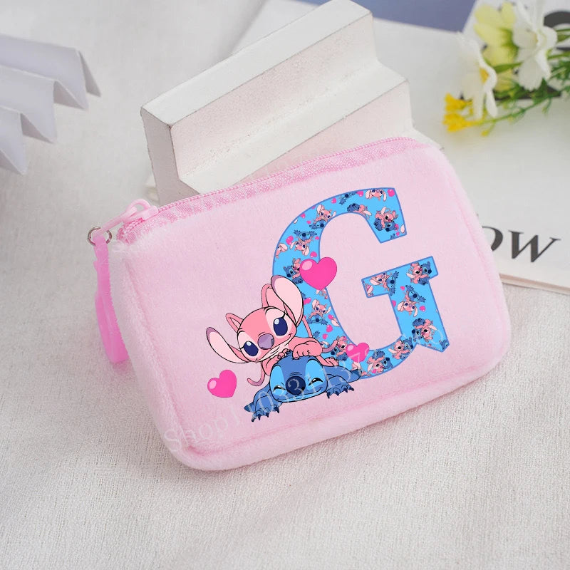 Disney Stitch Plush Coin Purse Cute Anime Cartoon A-Z Letter Stich Printed Wallet Kawaii Girls Earphone Storage Zipper Bag Gifts