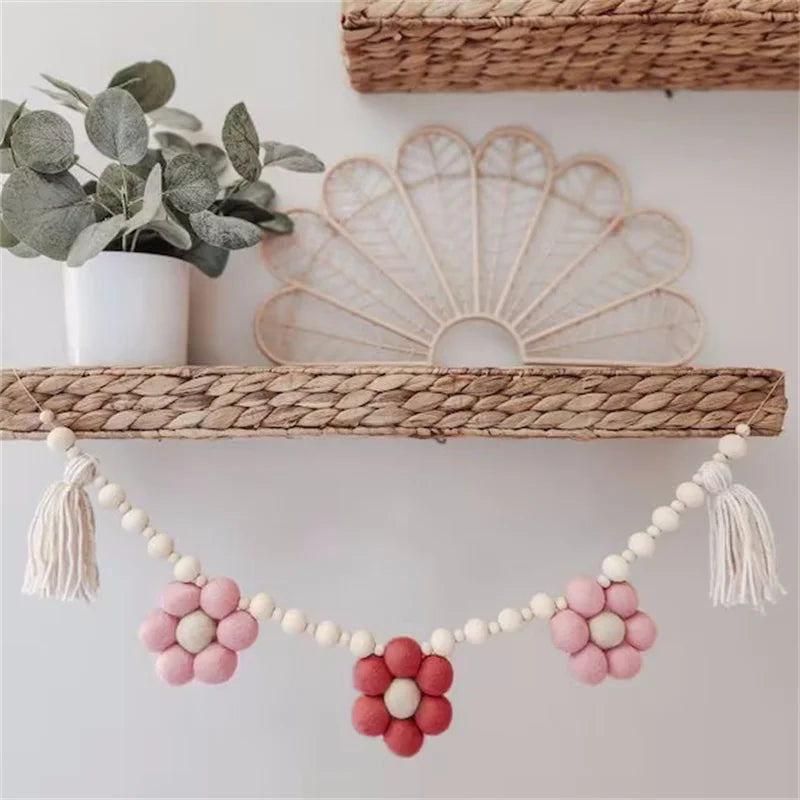 Bohemian Wool Felt Daisy Flower String Wooden Beads Garlands Baby Kids Room Wall Hanging Home Decor Nursery Decor Photo Props