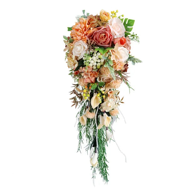 Tejesa Autumn Wedding Bouquet Vintage Terracotta Orange Sunflower Rose Bridal Cascading Bouquets for Fall Wedding Ceremony