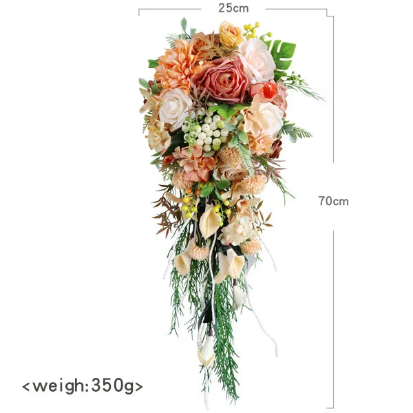 Tejesa Autumn Wedding Bouquet Vintage Terracotta Orange Sunflower Rose Bridal Cascading Bouquets for Fall Wedding Ceremony