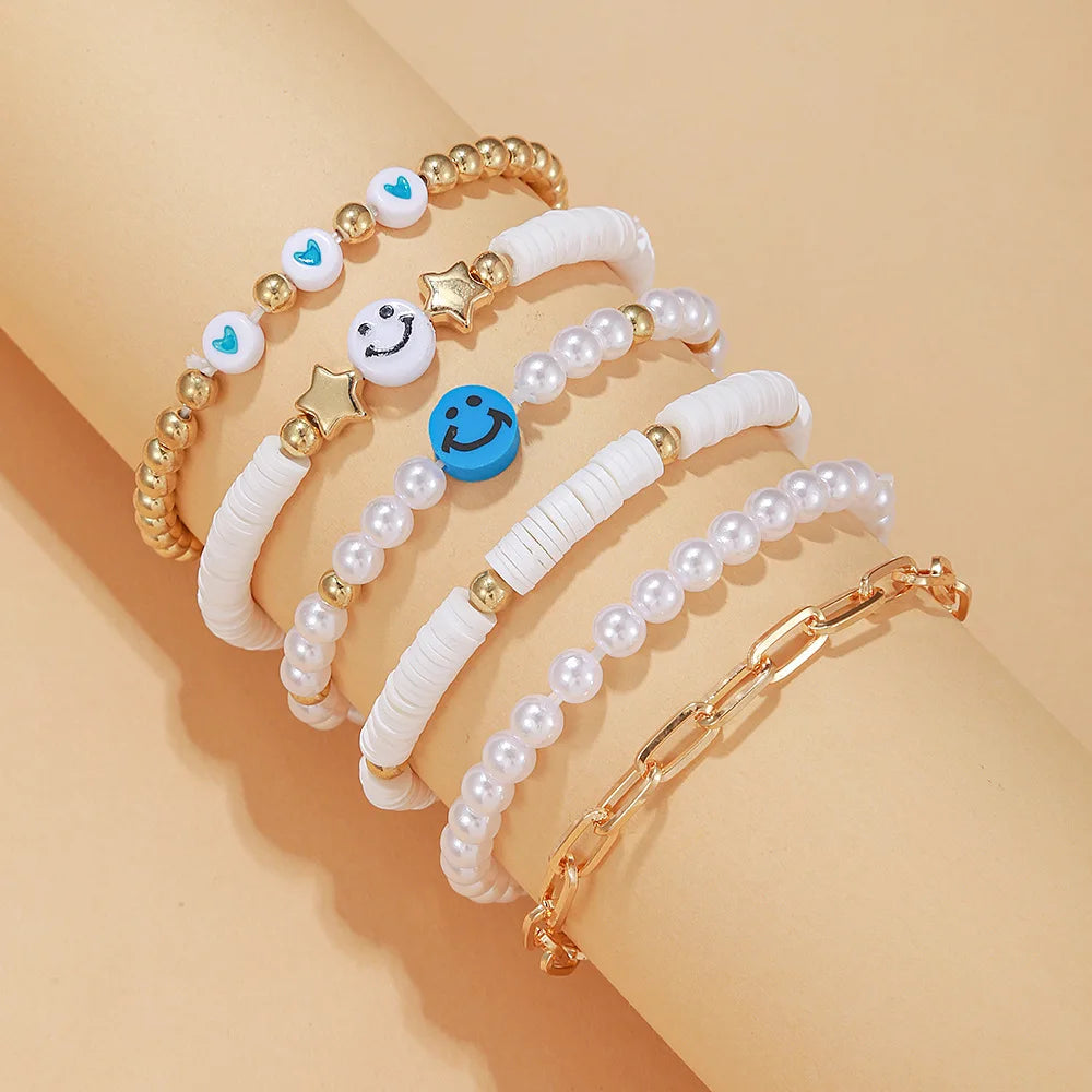 6-7Pcs/Set Bohemia Smile Face Colorful Stackable Bracelet Soft Clay Pottery Layering Friendship Bead Girl Bangle Boho Jewelry