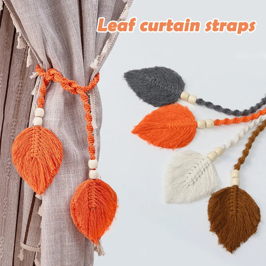 Boho Curtain Tiebacks Leaf Curtain Buckles with Wooden Bead Cotton Rope Hand-Woven Curtain Straps for Home Bedroom Decoration