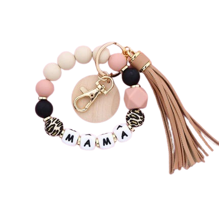Hemasa Mother's Day Gift Leopard Silicone Bead Key Chain Letter MAMA Beaded Wristlet Keychain With Wood Disc Leather Tassel Key Ring