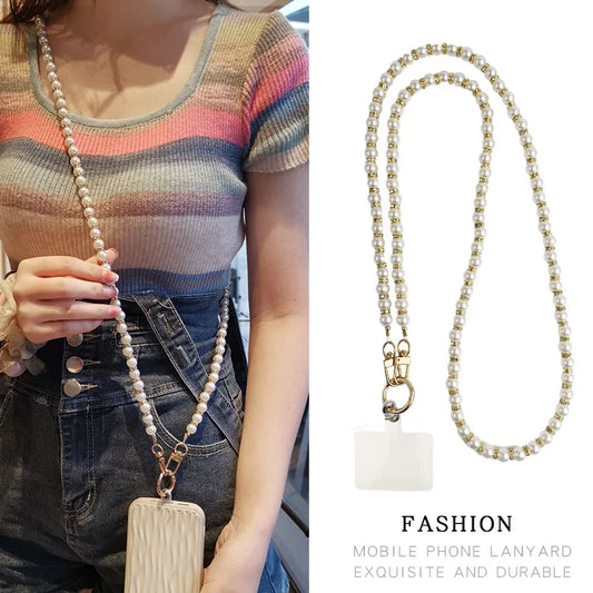 Long Pearl Phone Lanyard Handmade Bead Chain Single Shoulder Diagonal Cross Anti Drop Strap With Rhinestones For All Phone Cases
