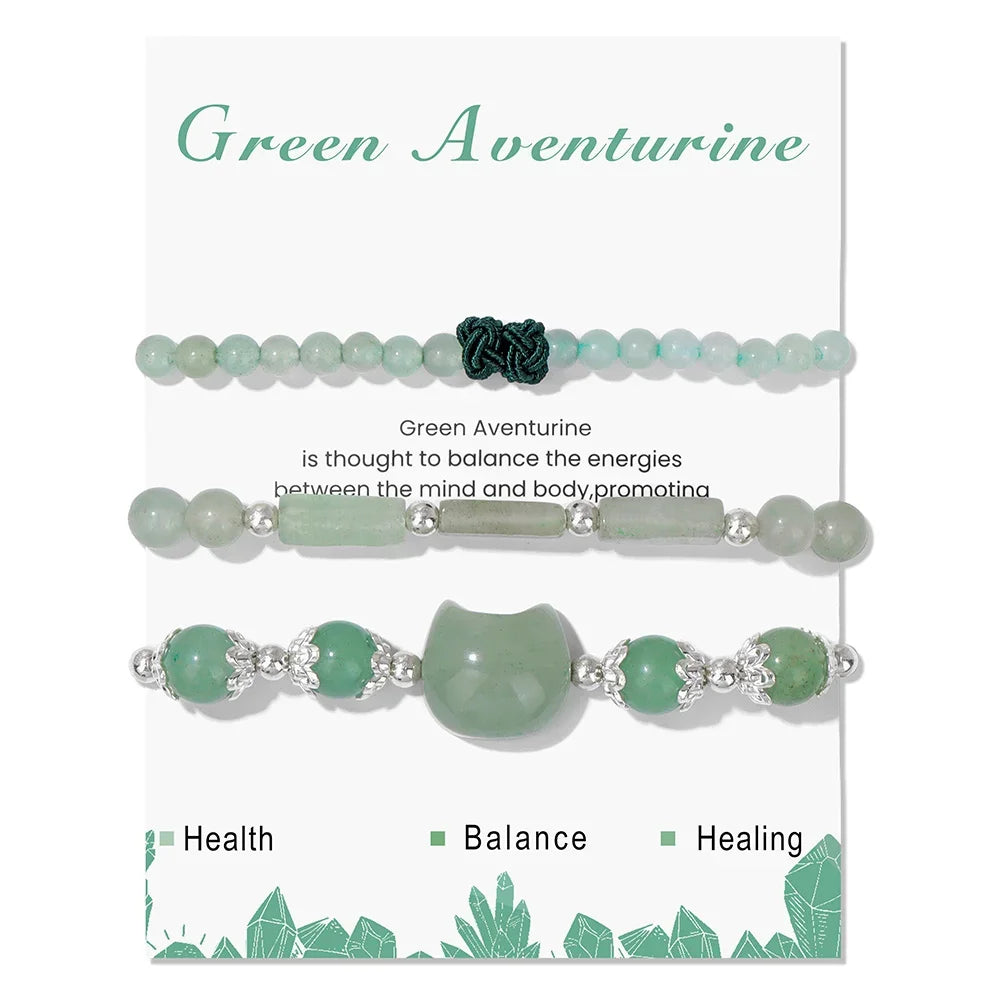 3pcs/set Natural Stone Tiger Eye Turquoises Bracelet Rose Quartzs Crystal Beads Charm Bracelets Cat Head Jewelry for Women Gift