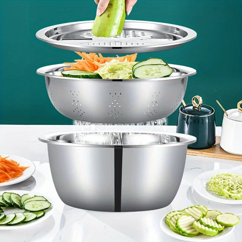 Tejesa 3 in 1  Kitchen Kit with Stainless Steel Multifunctional Mixing Bowl Vegetable Slicer - Suitable for Cleaning and Slicing Fruits
