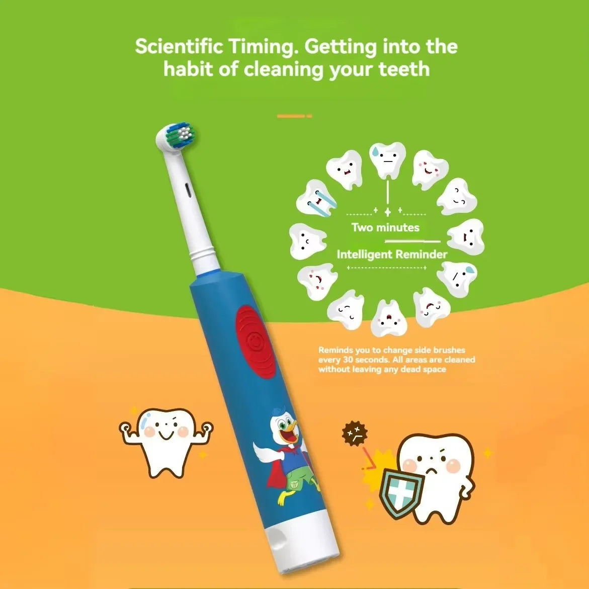 Child Electric Toothbrush Colorful Cartoon Rounded Vibrate Heads Soft Bristle Teeth Brush Gum Care Battery Power 3-15 Years Old