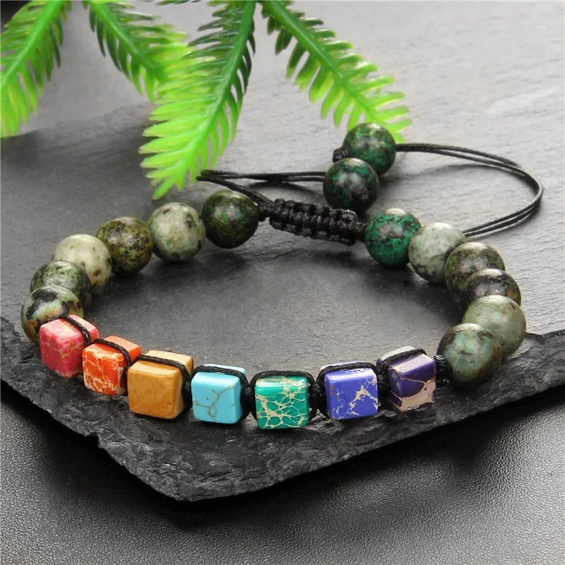 Tejesa Square Beads 7 Chakra Wrap Bracelets For Men Adjustable Braided Bracelet Green African Stone Lava Labradorite Handmade Jewelry
