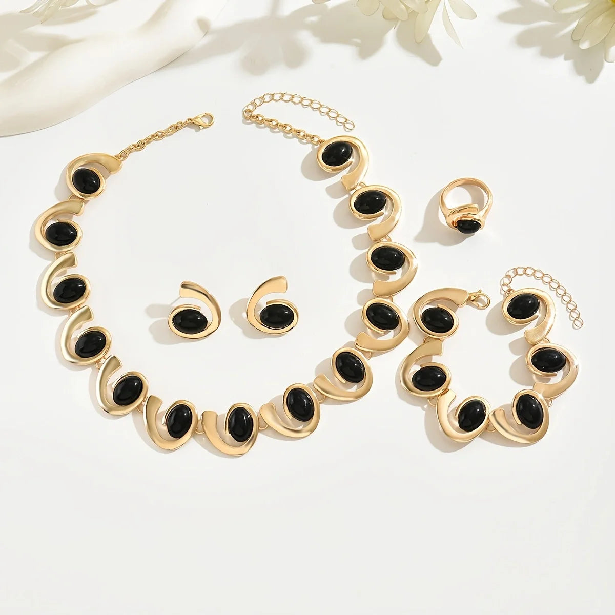 Ladies 4-Piece Set Fashion Simple Bohemian Spiral Design Necklace Earring Bracelet Ring Jewelry Accessories