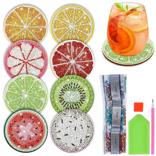 13Pcs Diamond Painting Coasters Kit Decorative Fruit Pattern Art Cup Coaster with Holder Round Small Tabletop Protection Coaster