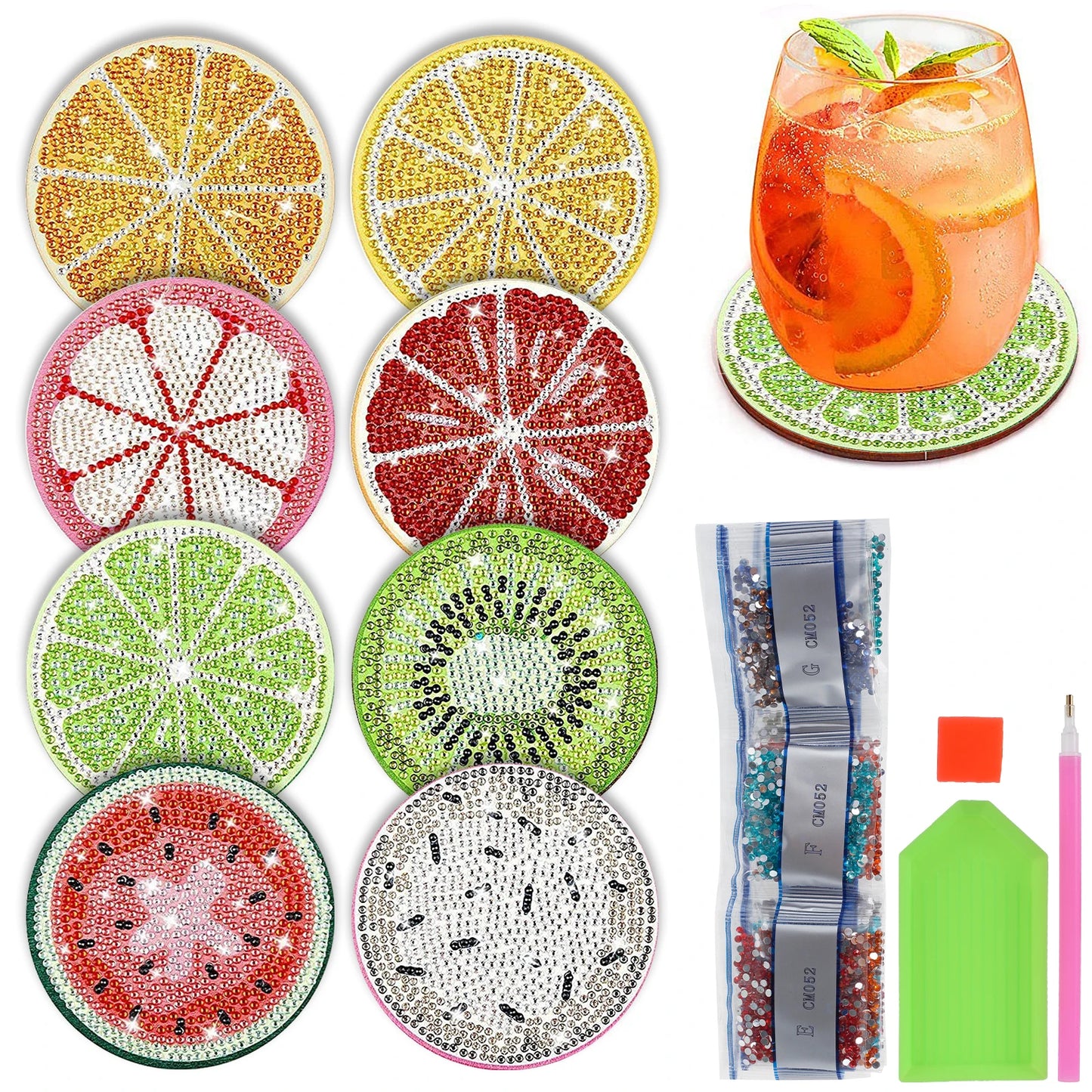 13Pcs Diamond Painting Coasters Kit Decorative Fruit Pattern Art Cup Coaster with Holder Round Small Tabletop Protection Coaster