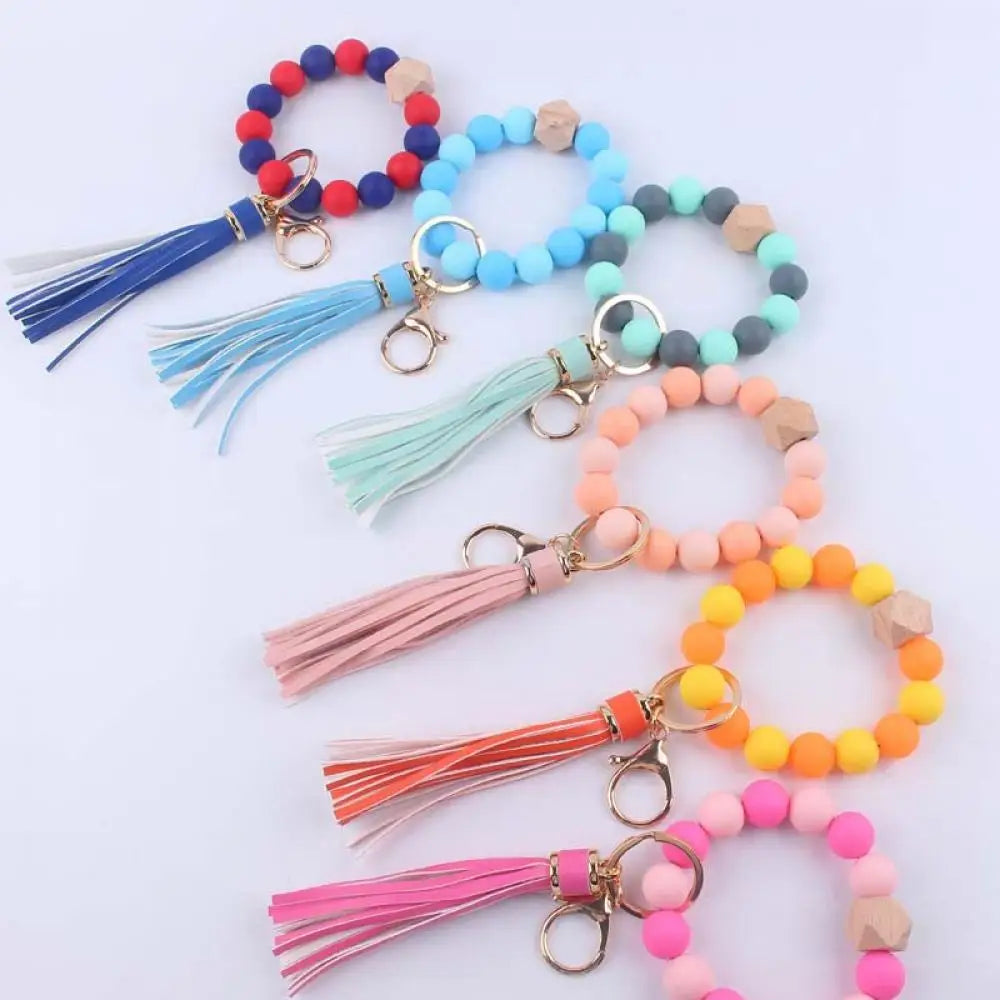 Heamsa  Silicone Round Beads Keyring  with Tassel  Bracelet Keychain  Jewelry Accessory
