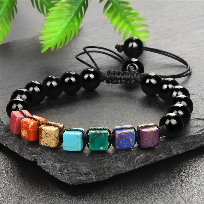 Tejesa Square Beads 7 Chakra Wrap Bracelets For Men Adjustable Braided Bracelet Green African Stone Lava Labradorite Handmade Jewelry