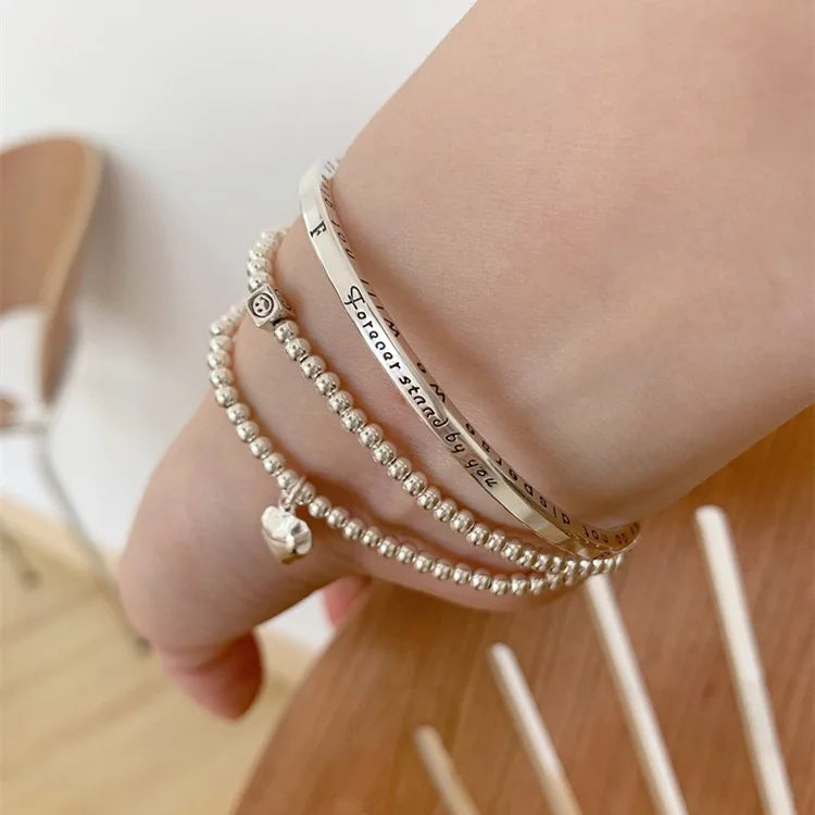 MEETSOFT 925 Sterling Silver Ball Heart Geometry Bracelets for Women Girl Minimalist Elegant Temperament  Fine Jewelry Gift
