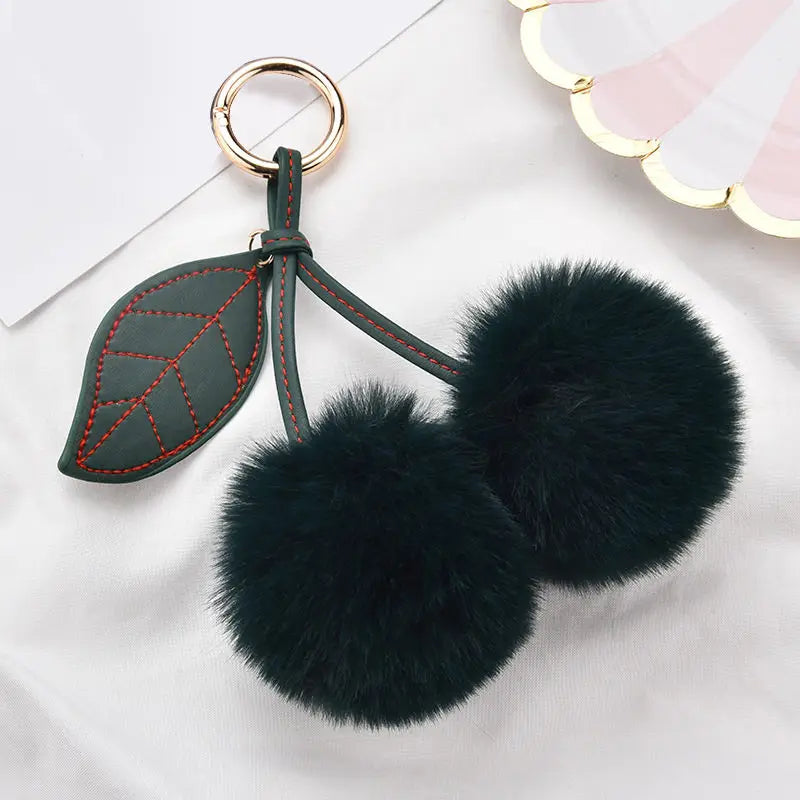 New Fashion Plush Cherry Keychains for Women Girls Fluffy Cartoon Rabbit Fur Ball Pompom Leaf Key Chains Rings Keyring Bag Gifts