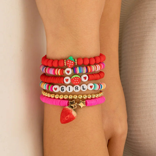 Cute Strawberry Beaded Bracelets Set for Women Boho Soft Ceramic Lettet Love Bracelet Charm Handwoven Stretch Rope Party Jewelry