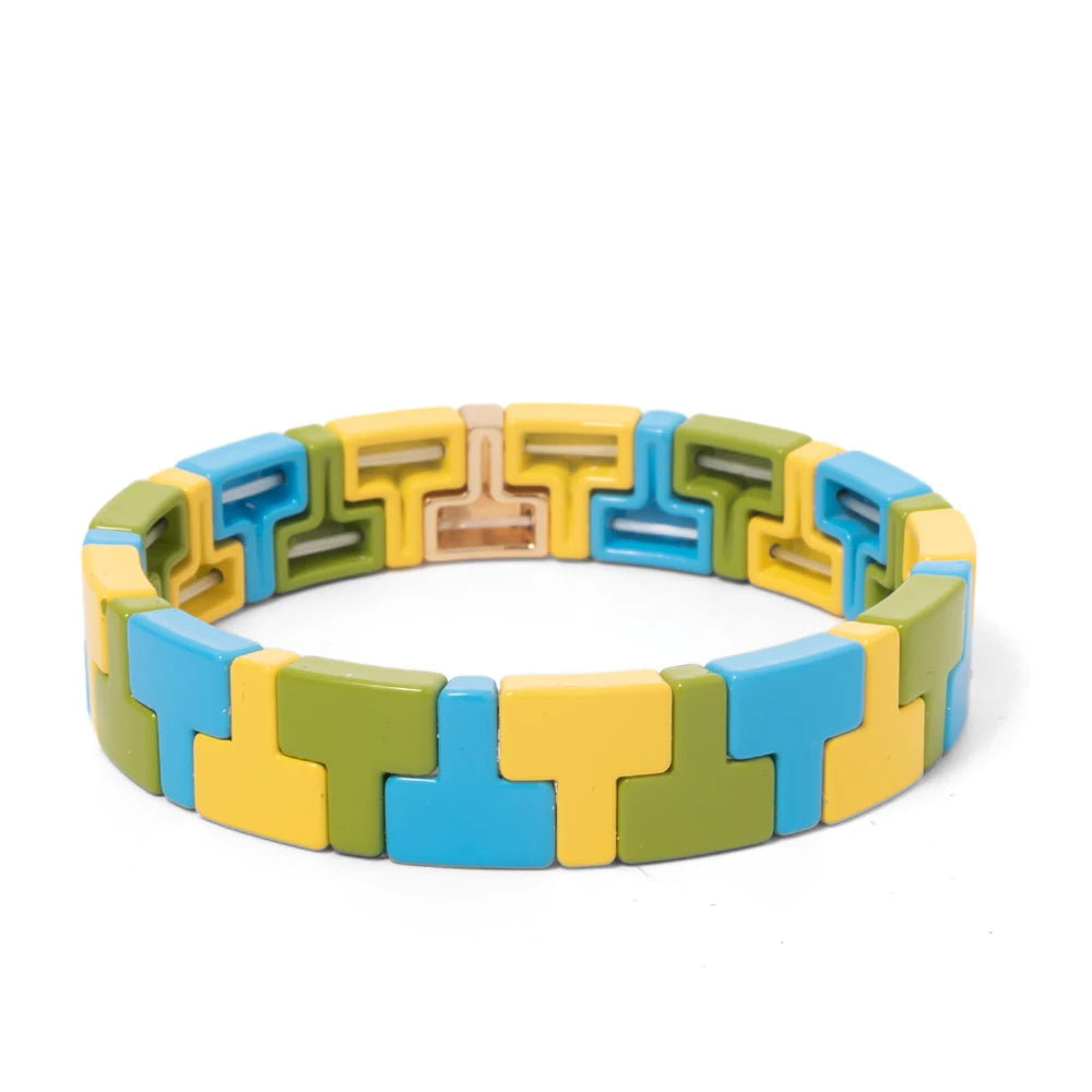 Hemasa Enamel Bracelets For Women Colorful Enamel Concave-Convex Beaded Elastic Bangle Handmade Hand Boho Accessory