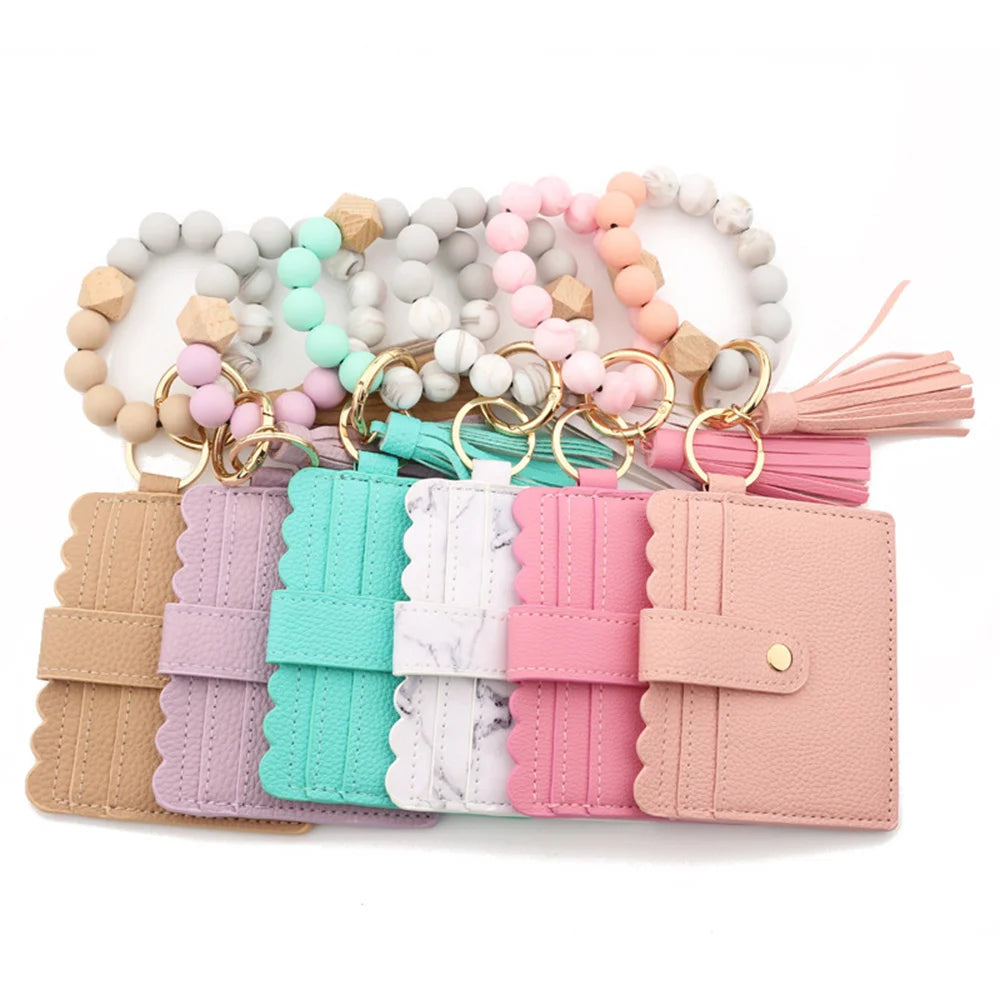 Hemasa Silicone Beads Bracelet With Leopard Print Silicone Bead Bracelet PU Tassel Womens Leather Wallet Key Wrist Keychain Pendant