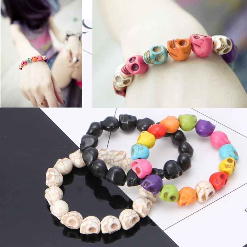 Exquisite Howlite Stone Turquoises Tibetan Prayer Skull Beads Handmade Skull Bracelets Black/White for Couples