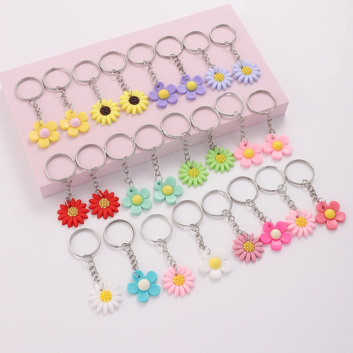 Hemasa 30pcs Flower Charm Keychain PVC Soft Sun Flower Pendant Key Ring Ornaments Wallet Bag Backpack Charm Birthday Party Gift